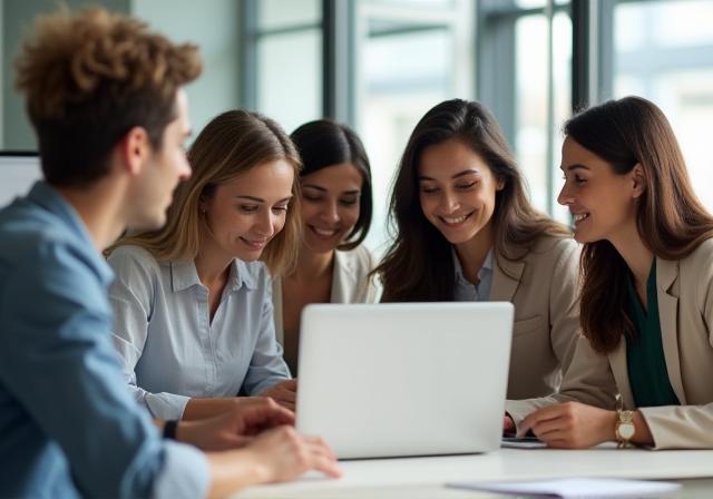 Diverse team collaborating in a modern office, suggesting international support.
