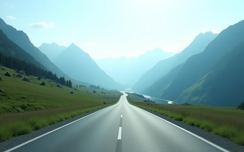 Clear road winding through scenic Swiss mountains with a subtle overlay suggesting digital support.